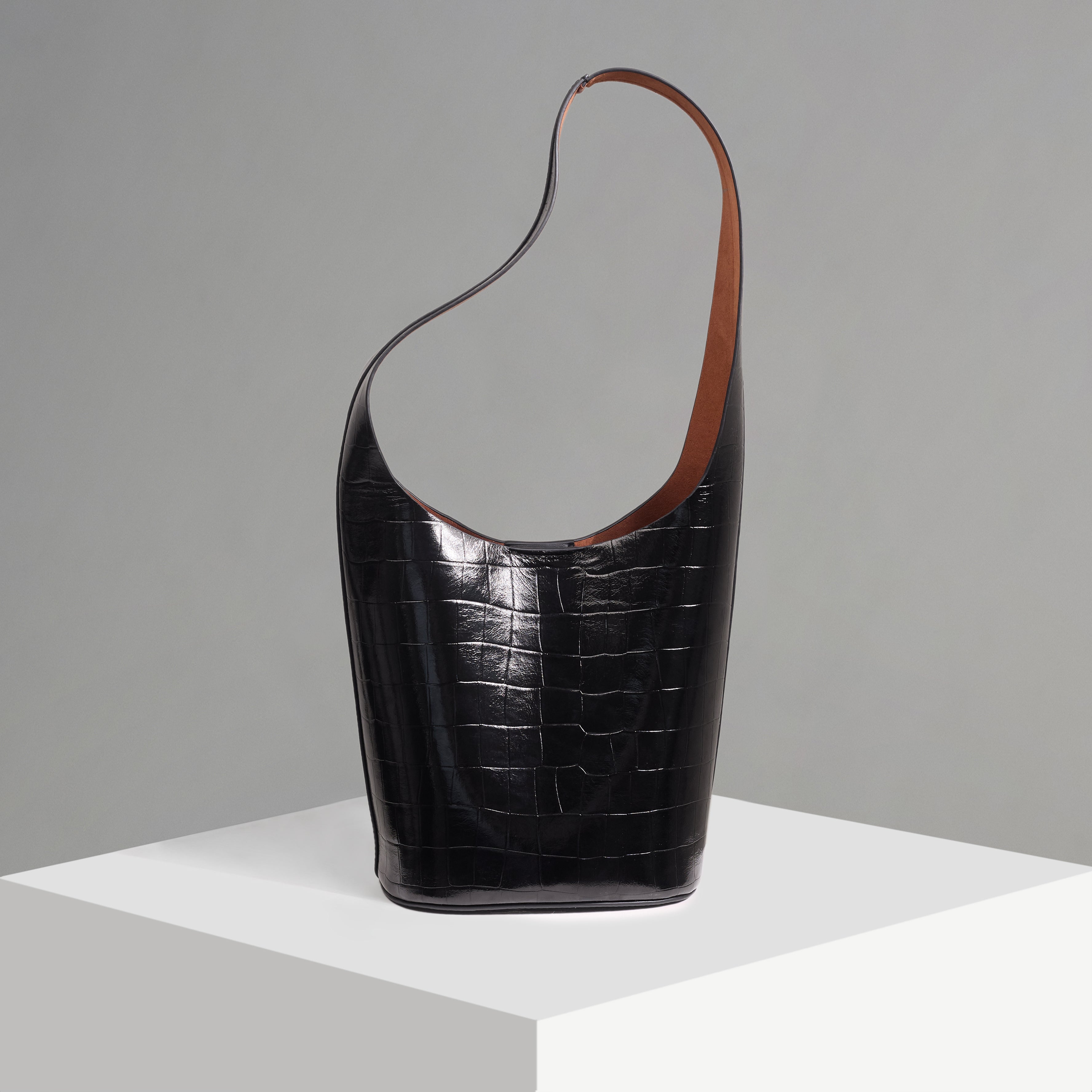WU HAUS | Vessel Black Crocodile Cow Embossed Bucket Bag