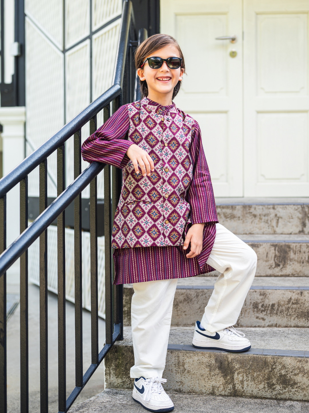 NIMBU | Tara Purple Boys Kurta Pajama Jacket in Muslin Cotton