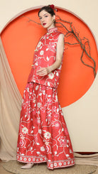 KANZI COLLECTION | Red Cheongsam Floral Vest With Floral Skirt