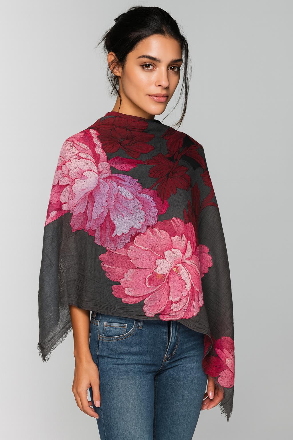 QUEENMARK | AN Printed Shawl 2024 Assorted Grey Pink Flower