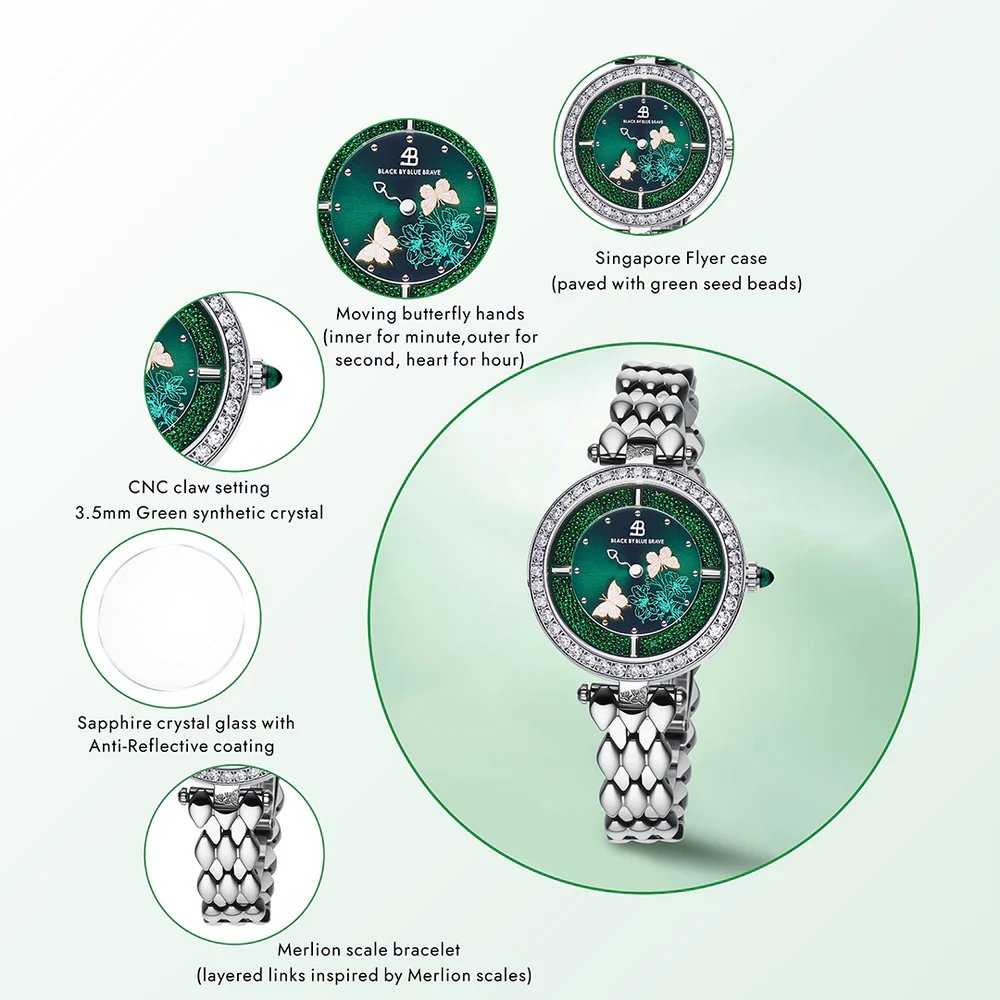BLACK BY BLUE BRAVE | Butterfly Lovers 34mm Green Dial Moving Butterfly Hands Silver Bracelet Watch