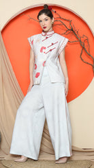 KANZI COLLECTION | Grey Cheongsam Floral Vest With Wide Leg Pant Set