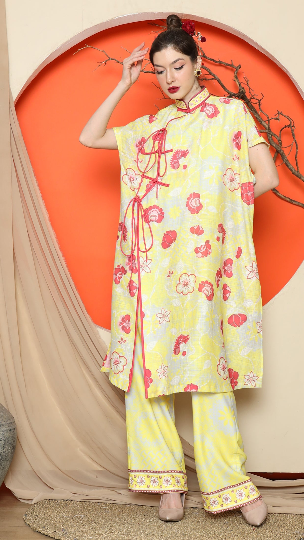 KANZI COLLECTION | Yellow Oriental Floral Cheongsam Pant Set