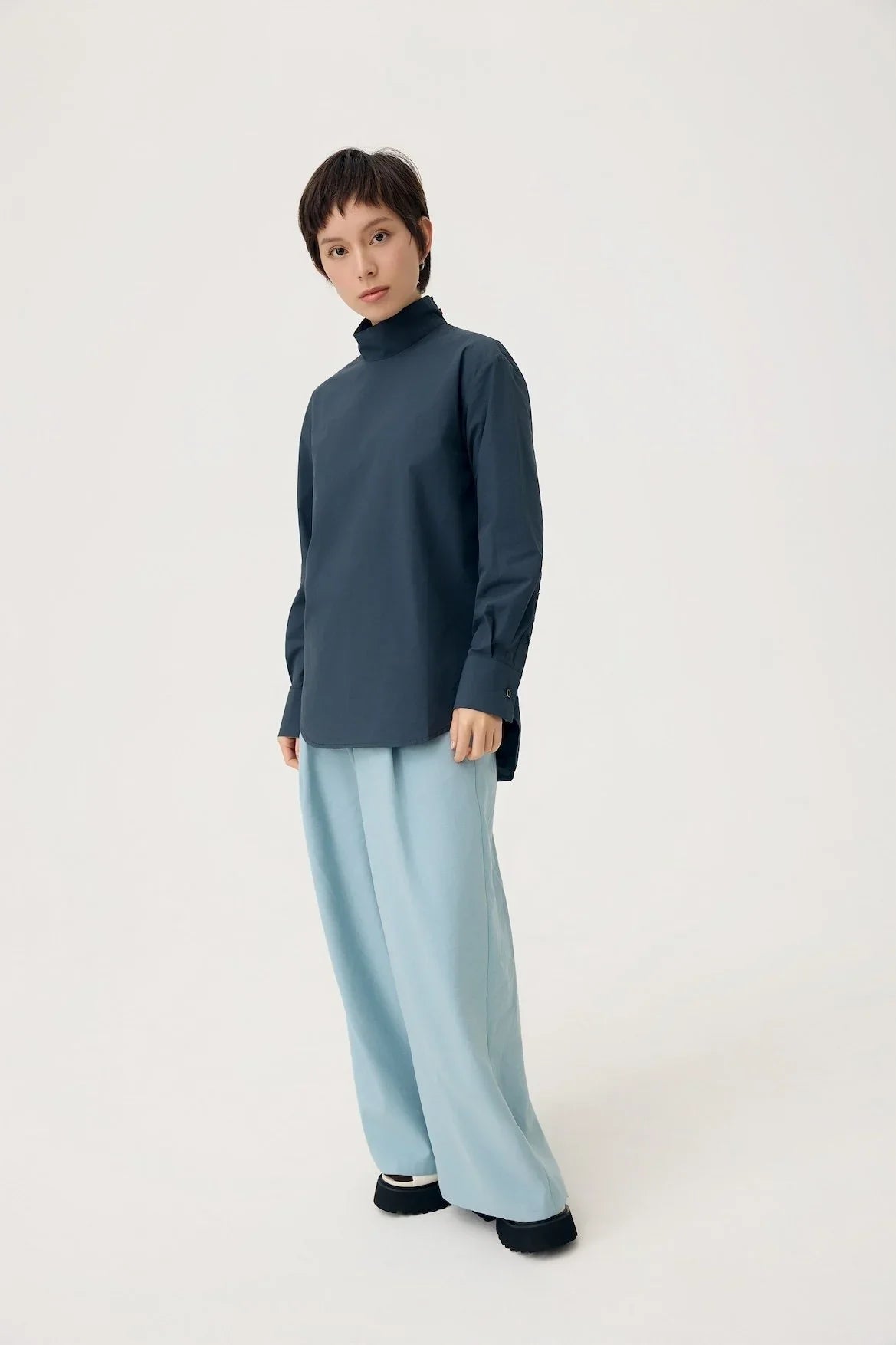 3EIGHTH | Oki Scarf Collar Top in Navy