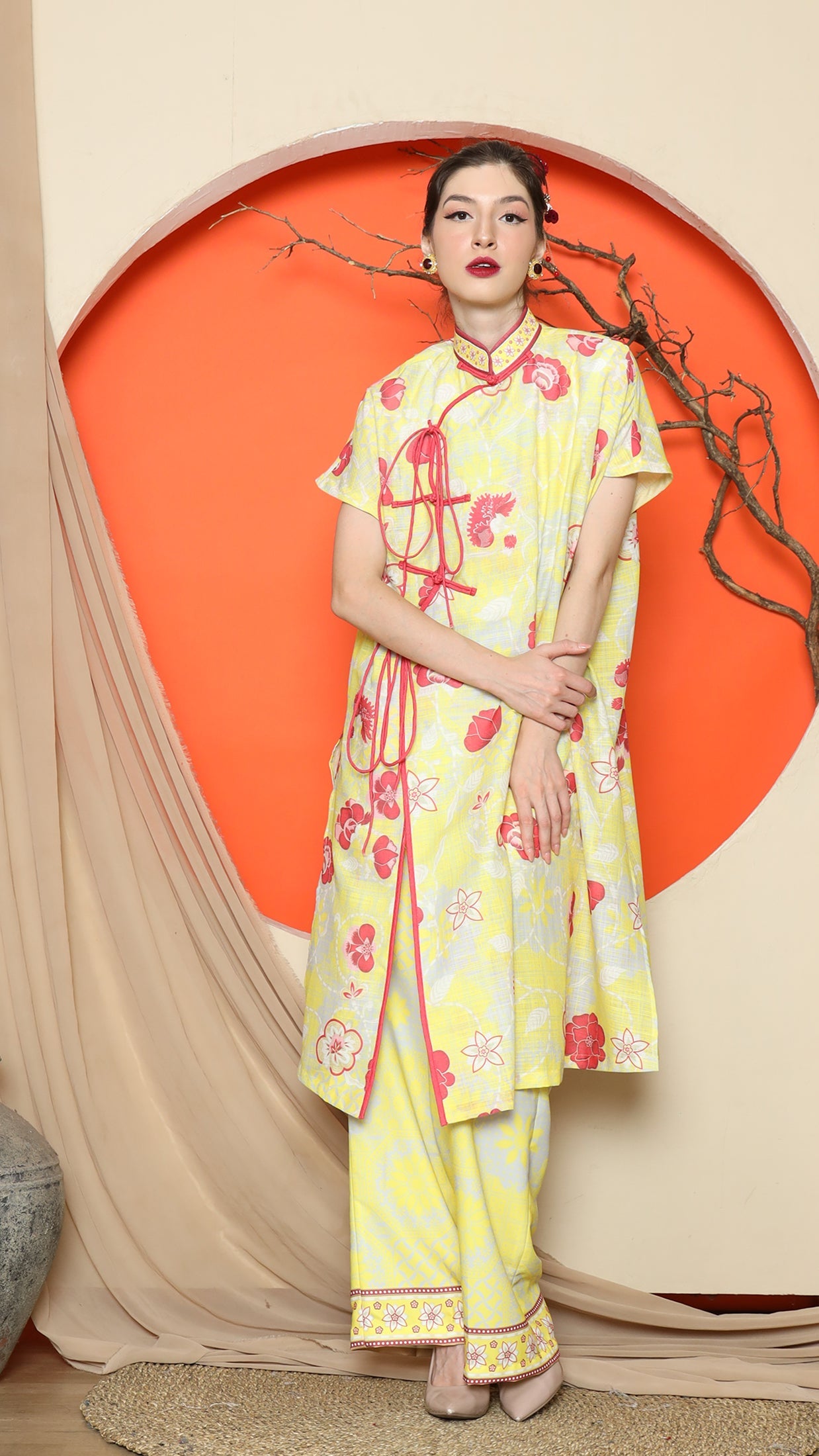 KANZI COLLECTION | Yellow Oriental Floral Cheongsam Pant Set