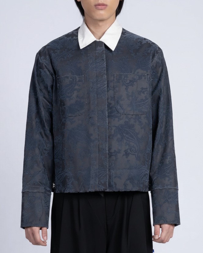 STUDIOMORAL | Collarless Paisley Pattern Jacket in Blue Textured