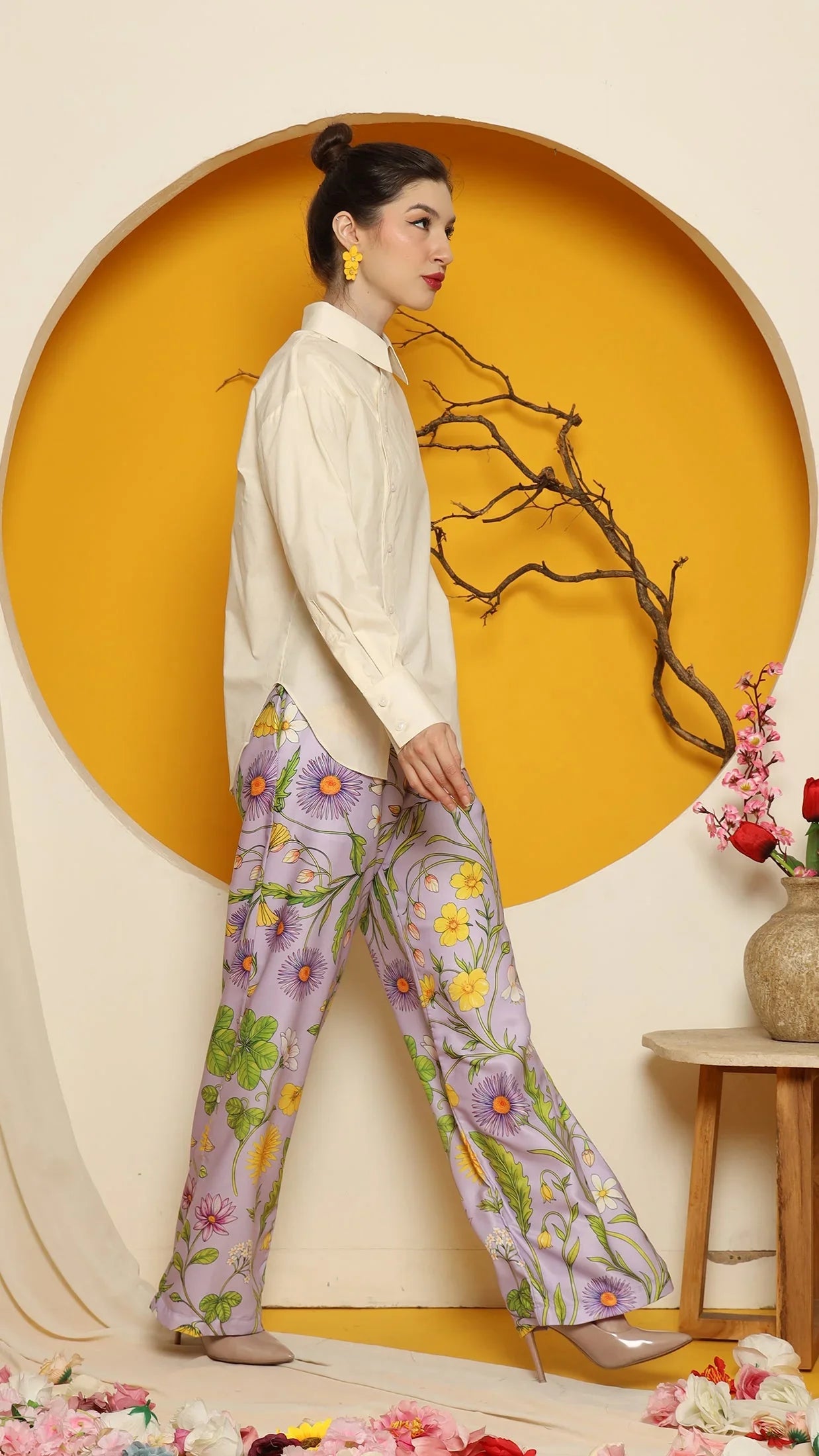 KANZI COLLECTION | Cheongsam Button Shirt With Purple Flower Pants Set