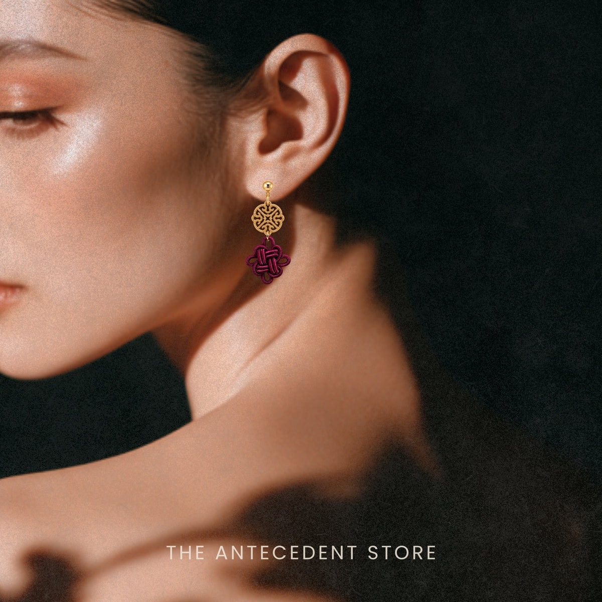 THE ANTECEDENT STORE | Asymmetrical Auspicious Knot Earrings in Maroon