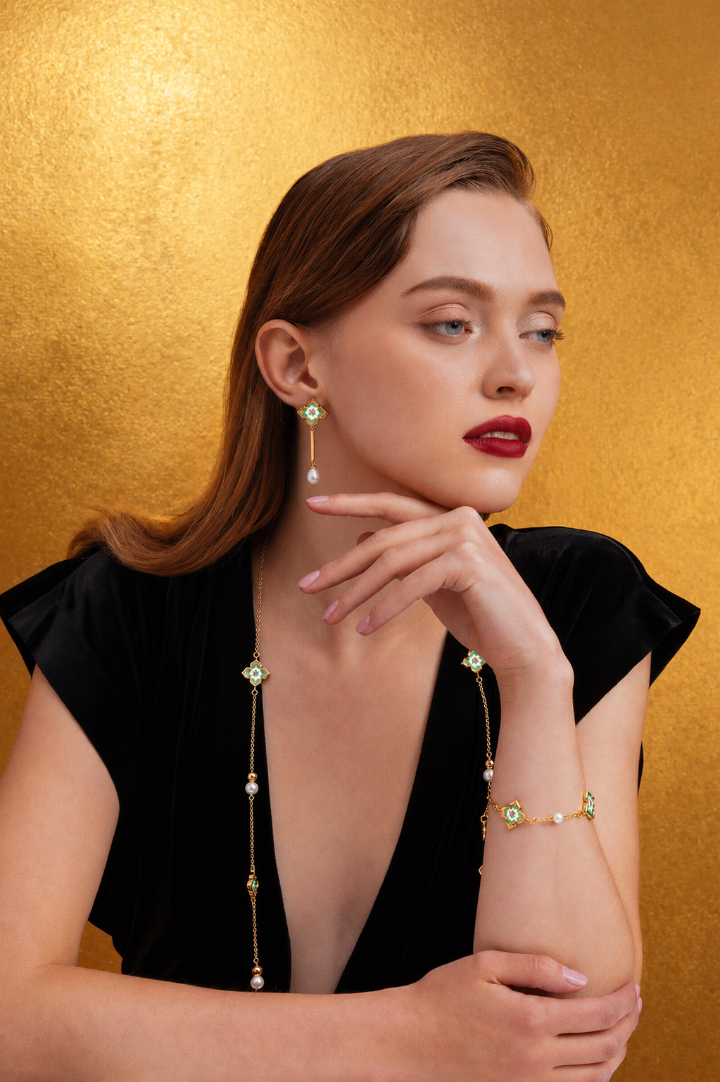 RARE BIRD COLLECTION | Peranakan Floral Pearl Dangle Earrings | Emerald