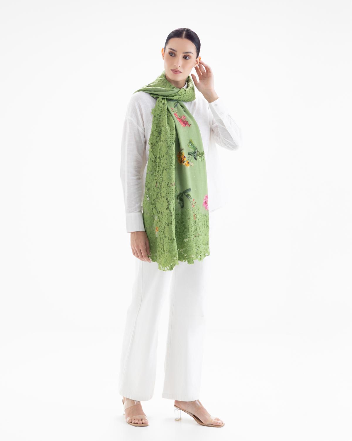 QUEENMARK | AN Assorted Lace Print Crystal Shawl Leaf Green