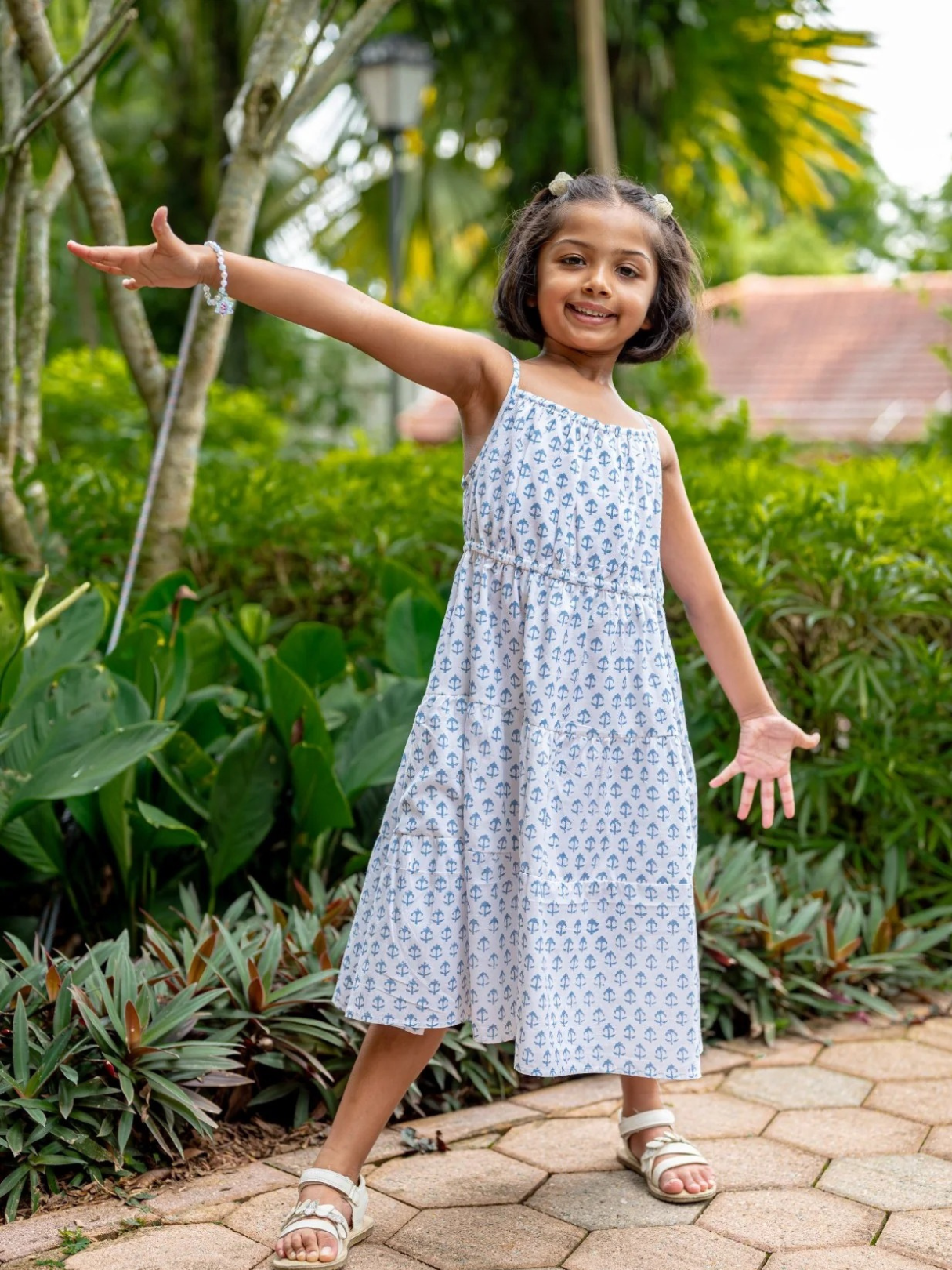 NIMBU | Sasha White Anchor Girls Long Dress in Cotton